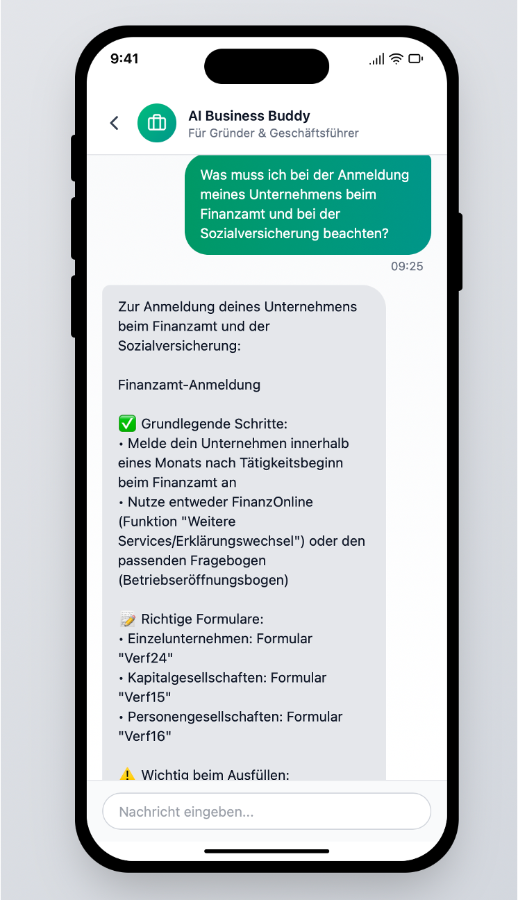 Mockup: Chat-Verlauf mit dem Gründerbuddy zu Gründungsfragen